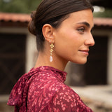 Flower chain drop earrings with stone | Light pink